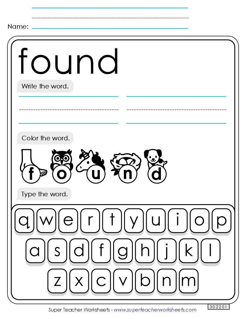 Write, Color, Type: Found Sight Words Individual Worksheet