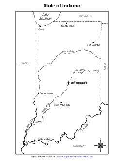 Labeled Indiana Map State Maps Worksheet