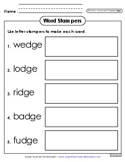 Letter Stampers (-dge Words) Phonics Trigraphs Worksheet