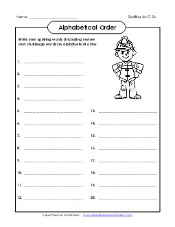 ABC Order: Write List (C-26) Spelling C Worksheet