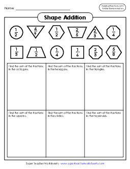 Addition Shapes (Fractions; Unlike Denominators) Mixed Addition Subtraction Worksheet