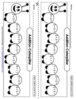 Addition Caterpillar (Sums to 10) Worksheet