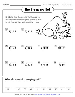 The Sleeping Bull (2-Digit Quotients; No Remainders) Division Worksheet