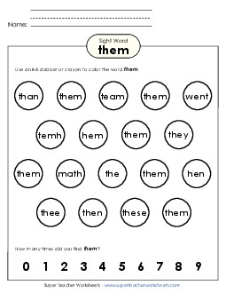 Dab or Color: Them Sight Words Individual Worksheet