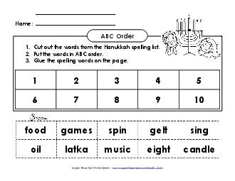 ABC Order: Cut and Glue (A-Hanukkah)  Spelling A Worksheet