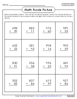 Addition Puzzle Picture: Valentine\'s Day (3-Digit Plus 2-Digit) Worksheet