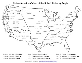 Coloring Map - Native American Tribes by Region Worksheet