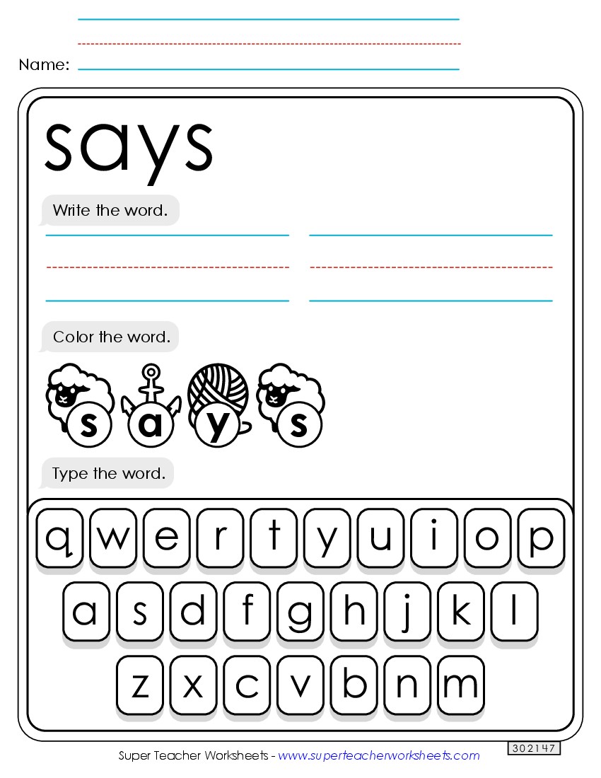 Write, Color, Type: Says Sight Words Individual Worksheet