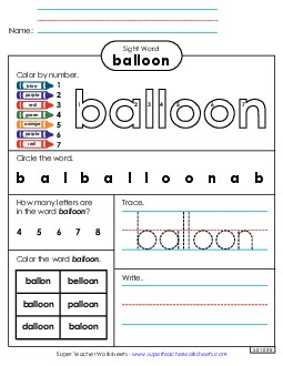 Worksheet 4: Balloon Sight Words Individual Worksheet