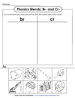 T-Chart: Br- and Cr- Phonics Blends Worksheet