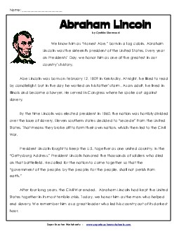 Abraham Lincoln  4th Grade Reading Comprehension Worksheet