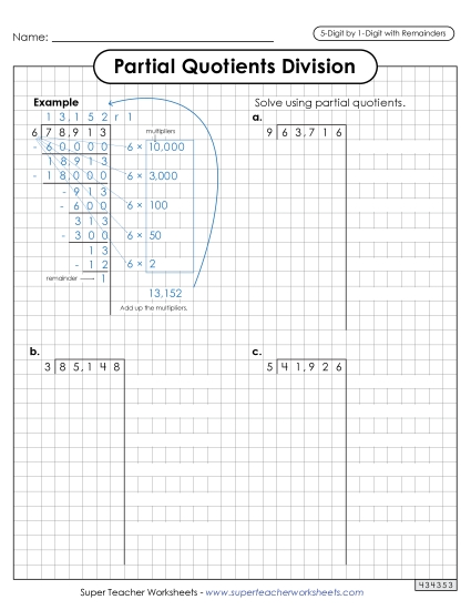 Partial Quotients (Graph Paper)  5-Digit by 1-Digit Division (with Remainders) Worksheet