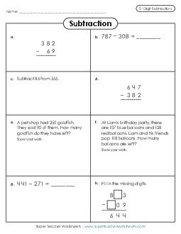 Subtraction Variety (3-digit) 3rd Grade 3rd Grade Math Worksheet