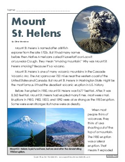 Mount St. Helens 4th Grade Reading Comprehension Worksheet