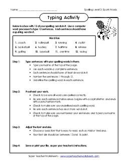 Typing Sentences Activity (D-Sports) Spelling D Worksheet