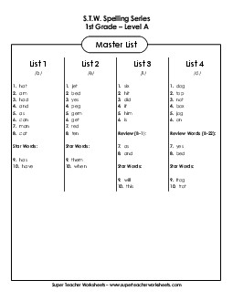 Master Word List (Grade 1) Spelling A Worksheet