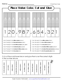 Place Value Color, Cut & Glue (12-Digits) Worksheet