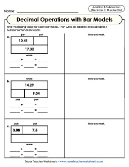 Adding and Subtracting to Hundredths with Bar Models Mixed Addition Subtraction Worksheet