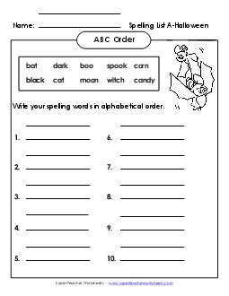 ABC Order: Write List (A-Halloween)  Spelling A Worksheet