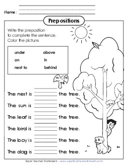 New Complete the Sentences (Prepositions) Worksheet