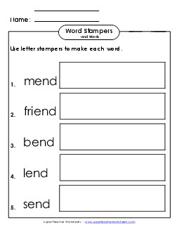 Letter Stampers Activity (-end Words)  Word Families Worksheet