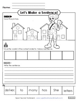 Build a Sentence: Mail Carrier Community Helpers Worksheet