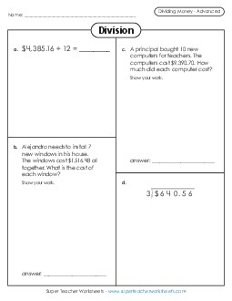 Dividing Money Variety Worksheet (Advanced) Division Worksheet