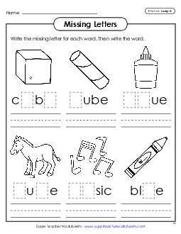 Missing Letters (Long U) Phonics Long Short U Worksheet