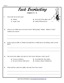 Questions for Chapters 13-15 Book Tuck Everlasting Worksheet