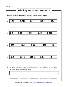 Ordering Worksheet (Decimals to Thousandths) Comparing Numbers Worksheet