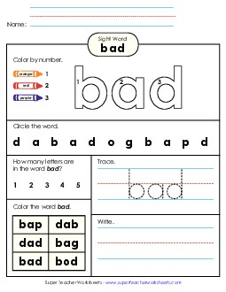 Worksheet 4: Bad Sight Words Individual Worksheet