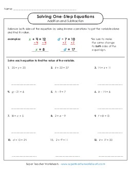 Solving One Step Equations: Basic (Addition & Subtraction) Worksheet