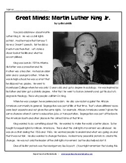 Great Minds: Martin Luther King Jr. 6th Grade Reading Comprehension Worksheet