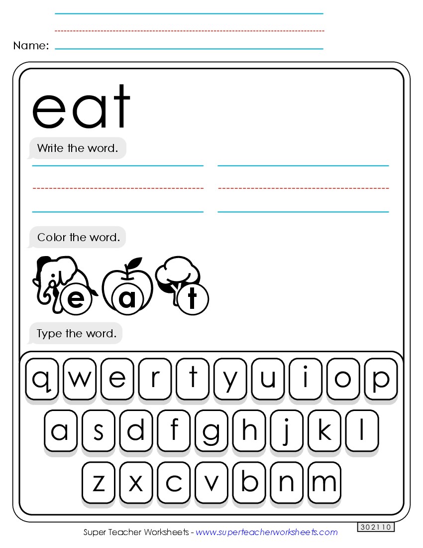 Write, Color, Type: Eat Sight Words Individual Worksheet