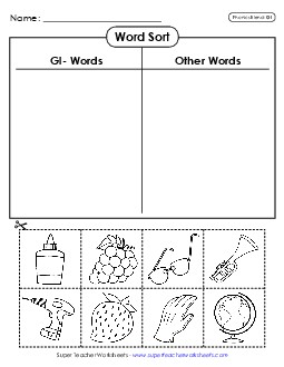 Word Sort (Gl- Words) Phonics Blends Worksheet