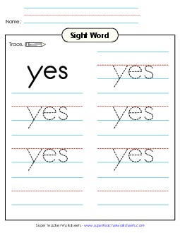 Trace the Word: Yes Sight Words Individual Worksheet