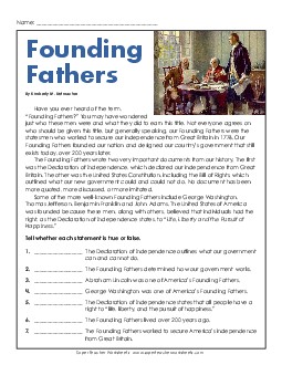 Founding Fathers 5th Grade Reading Comprehension Worksheet