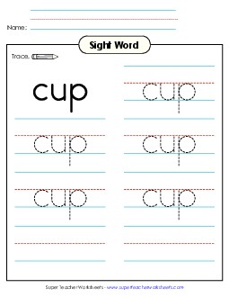 Trace the Word: Cup Sight Words Individual Worksheet