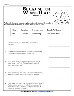 Who Said It? Book Because Of Winn Dixie Worksheet