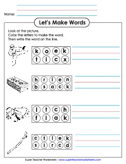 Color the Letters & Write (-ick) Word Families Worksheet