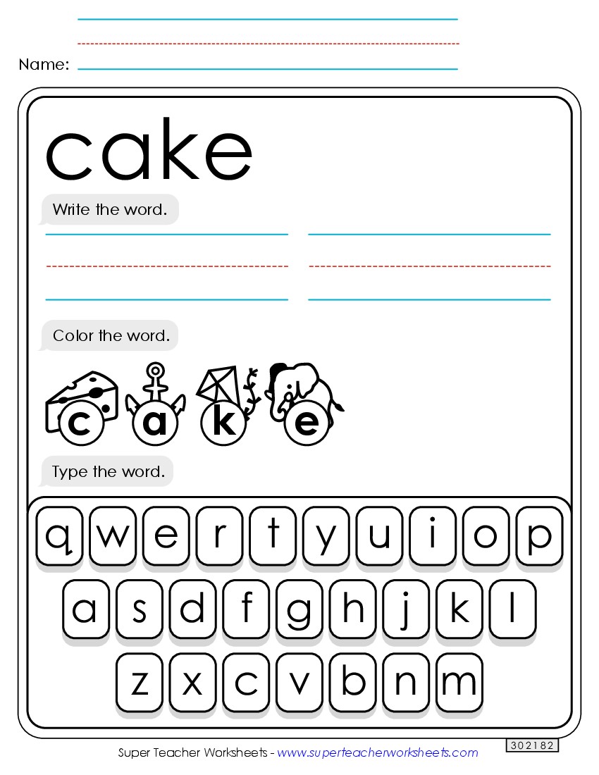 Write, Color, Type: Cake Sight Words Individual Worksheet