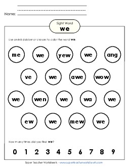 Dab or Color: We Free Sight Words Individual Worksheet