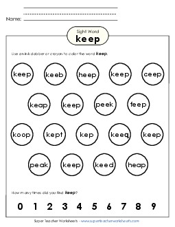 Dab or Color: Keep Sight Words Individual Worksheet