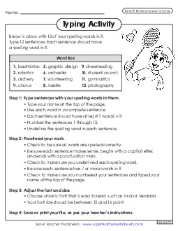 Typing Sentences (Extracurriculars) Spelling F Worksheet