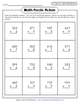 Egg Hunt Math Picture Puzzle (Multiplication 3-Digit by 1-Digit) Easter Worksheet