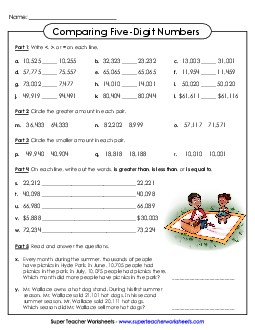 Comparing Numbers (5-Digits Free 4th Grade Math Worksheet