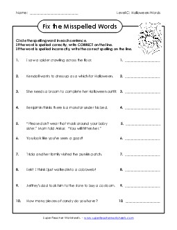 Fix the Misspelled Words (C-Halloween)  Spelling C Worksheet