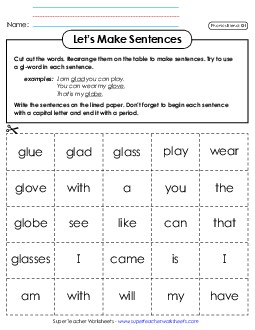 Let\'s Make Sentences (Gl-) Phonics Blends Worksheet