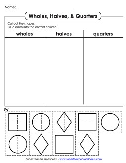 Cut and Glue: Wholes, Halves, and Quarters Fractions Worksheet