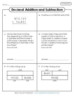 Variety Worksheet: Decimal Addition and Subtraction (Thousandths) Decimals Worksheet